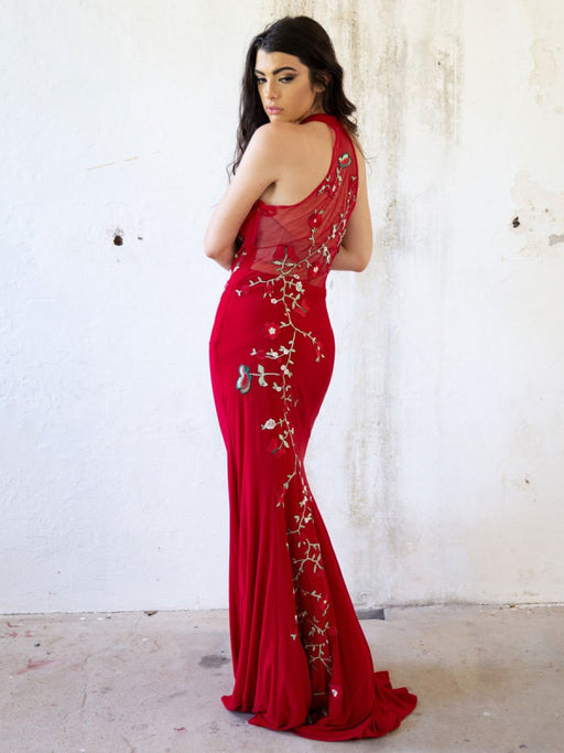Red Evening Dress Sheath Off The Shoulder Lycra Spandex With Train Embroidered Formal Party Dresses