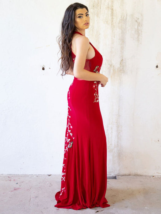 Red Evening Dress Sheath Off The Shoulder Lycra Spandex With Train Embroidered Formal Party Dresses