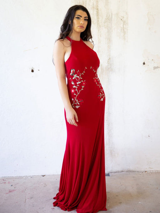 Red Evening Dress Sheath Off The Shoulder Lycra Spandex With Train Embroidered Formal Party Dresses