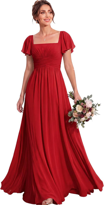 Bridelily Women's Flutter Sleeves Bridesmaid Dresses Square Neck Chiffon Maxi Dres - Red