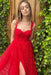 Red Front Split Sleeveless Evening Dress with Appliques