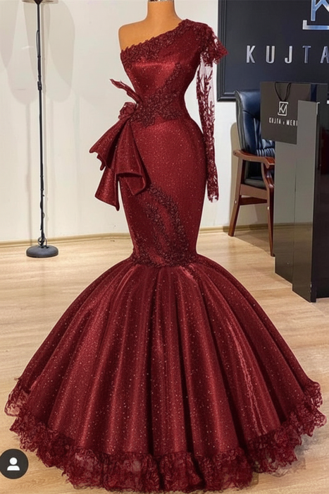 Red Glitter Mermaid Prom Dress Long Sleeves Floral Lace Party Dress - Prom Dresses