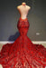 Red Halter Mermaid Prom Dress with Sequins and Lace