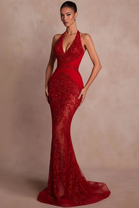 Halter Dark Green Mermaid Prom Dress Glitter Sequins Evening Gown