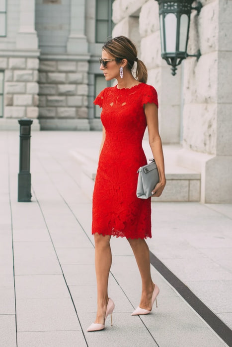 Red Lace Formal Dresses Knee Length Mother of the Bride Dress Cap Sleeves