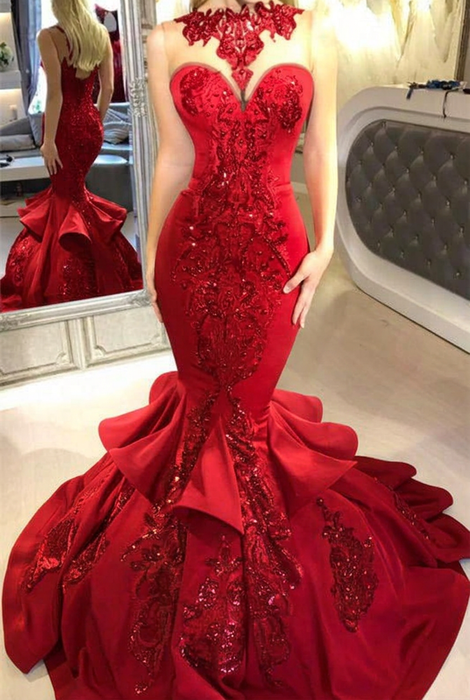 Red Mermaid Beads Prom Dresses Appliques Evening Dresses