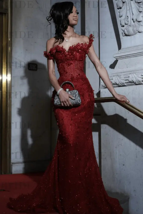 Strapless Beadings Mermaid Prom Dress Black Red with Tassels