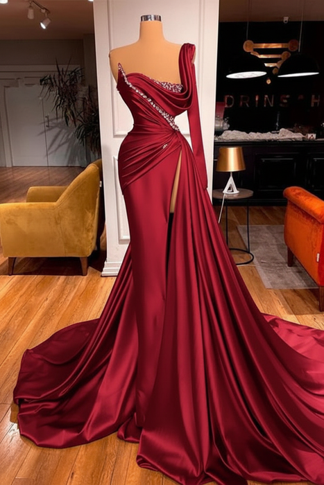 Red One Shoulder Mermaid Prom Dress Beaded with Split