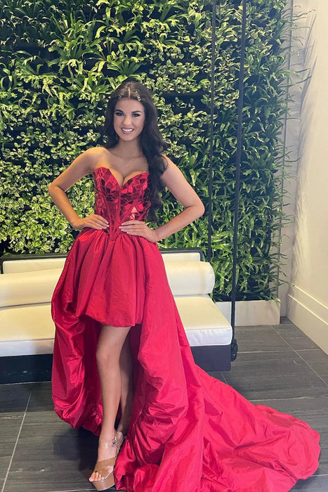 Red strapless sweetheart high-low homecoming dress with mirror