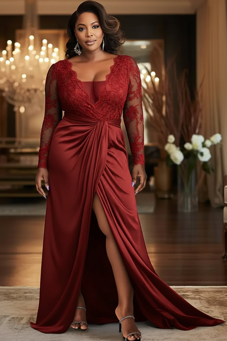 Red V-Neck Mother of the Bride Dress Long Sleeves lace Front Slit Wedding Guest Dress