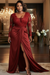 Red V-Neck Mother of the Bride Dress Long Sleeves lace Front Slit Wedding Guest Dress