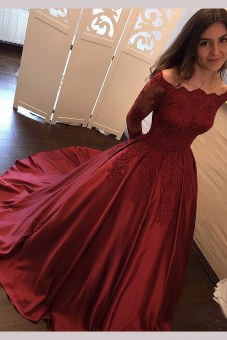 Red Off Shoulder Long Sleeve Ball Gown Appliques Satin Prom Dress - Prom Dresses