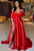Red Off-The-Shoulder A-Line Prom Dress with Split
