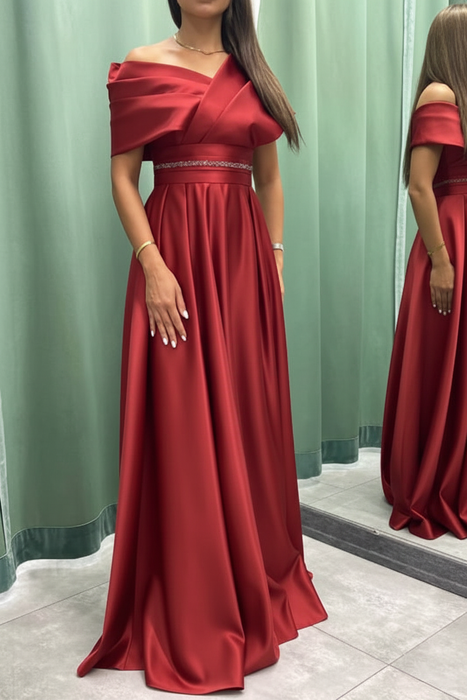 Red Elegant Off-the-Shoulder Long Evening Dress Pleated