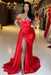 Red Off-the-Shoulder Sweetheart Beaded Mermaid Evening Dress with Split and Ruffles