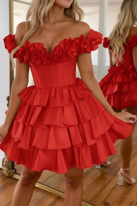 Red Off-the-Shoulder Satin Corset Graduation Dress Short Cocktail Dress