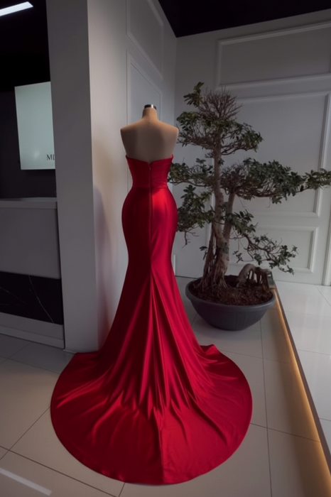 Red Pearl Strapless Prom Dress with Long Slit