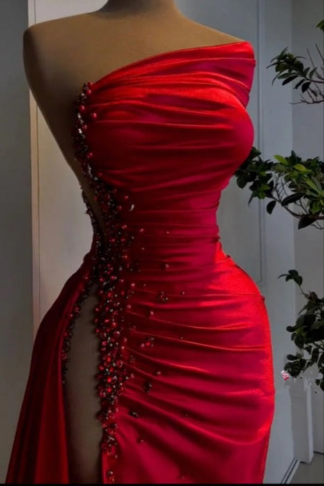Red Pearl Strapless Prom Dress Long with Slit