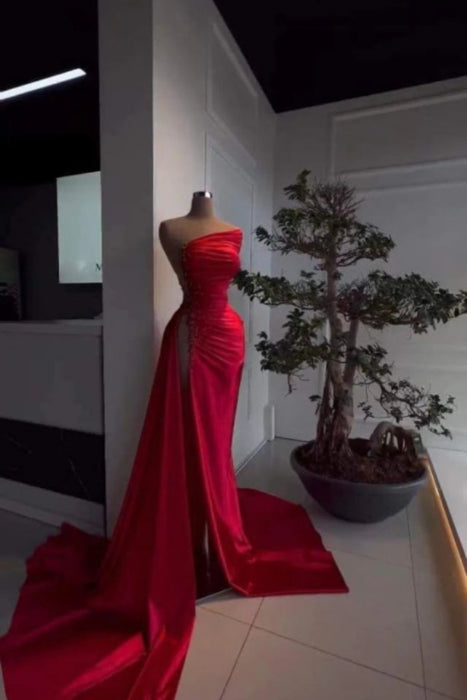 Red Pearl Strapless Prom Dress Long with Slit