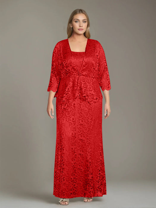 Plus Size 2-Piece Mother of the Bride Dress Set with Square Neck and Floor-Length Sheath