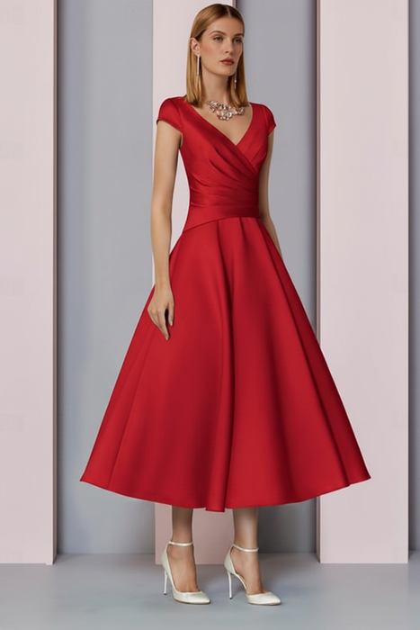 Red Satin A-Line Mother of the Bride Dress V Neck Tea Length Wedding Guest Dress - Prom Dresses