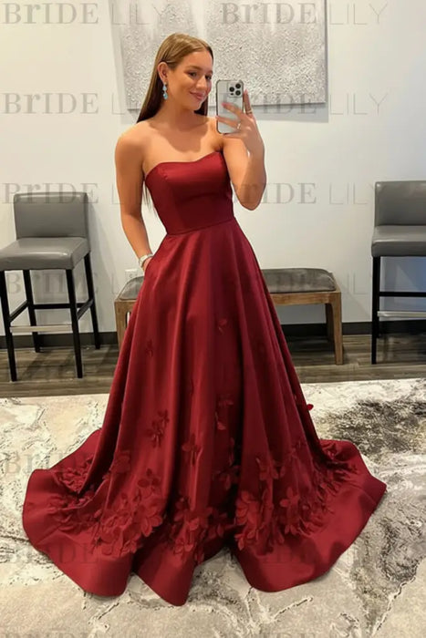 Red Strapless Satin Long Prom Dresses with 3D Flowers
