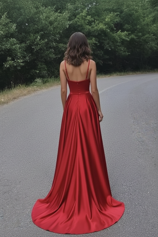 Red Aline Satin Long Prom Dresses with High Slit