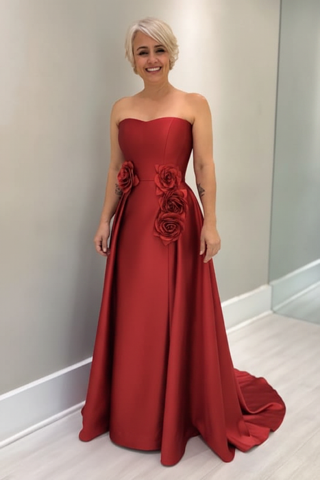 Red Satin Mother of the Bride Dress Strapless with Flowers - Prom Dresses