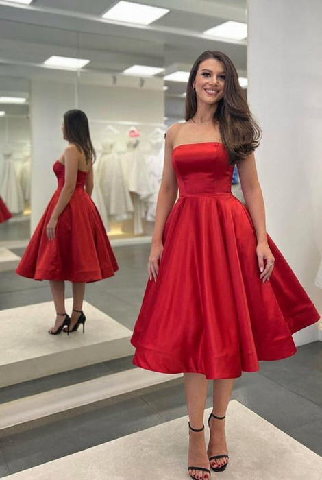 Red Strapless Sleeveless Tea Length Prom Dress
