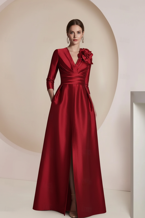 Red Satin V-Neck Mother of the Bride Dress with 3/4 Sleeves with Split Front