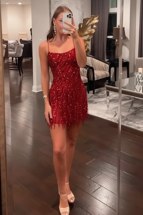 Red Spaghetti Straps Sequins Tight Short Hoco Dress with Fringes