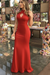 Red Sheath Sleeveless Halter Floor-Length With Ruffles Satin Dresses - Prom Dresses