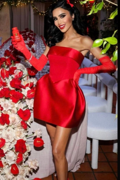 Red Short Mini Prom Dress with Gloves Knee Length Cocktail Party Dress