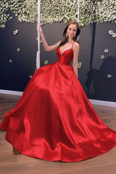 Red Simple A Line V Neck Backless Yellow Long Prom Dresses