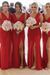 Red Simple V Neck Sleeveless Sheath Pleated Chiffon Bridesmaid Dress with Split