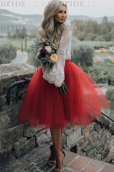 Red Simple Wedding Dress A Line Designed Neckline Lace Tulle Bridal Gowns