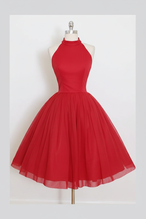 Red Sleeveless Homecoming Simple Halter Party Dresses Tea Length Graduation Dress