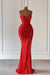 Red Sleeveless Sweetheart Long Mermaid Prom Dress with Split Sequins