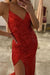 Red Spaghetti-Straps Sequined Evening Dress with Split