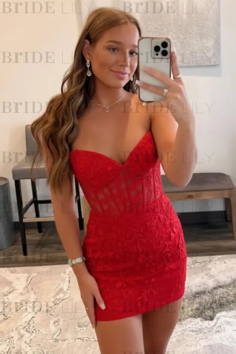 Red Strapless Beaded Short Lace Prom Dresses Sweetheart Tight Homecoming Dresses