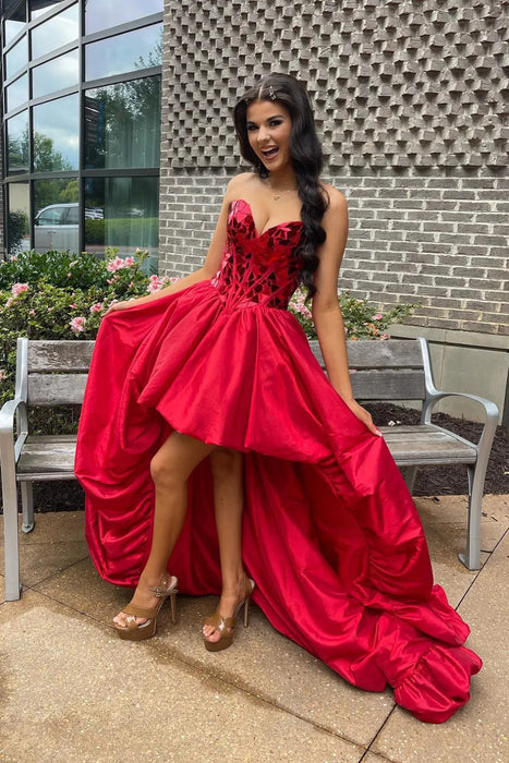 Red strapless sweetheart high-low homecoming dress with mirror