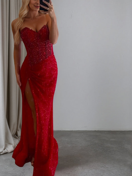 Red Strapless Sweetheart Sequins Bodycon Prom Dress with Beading
