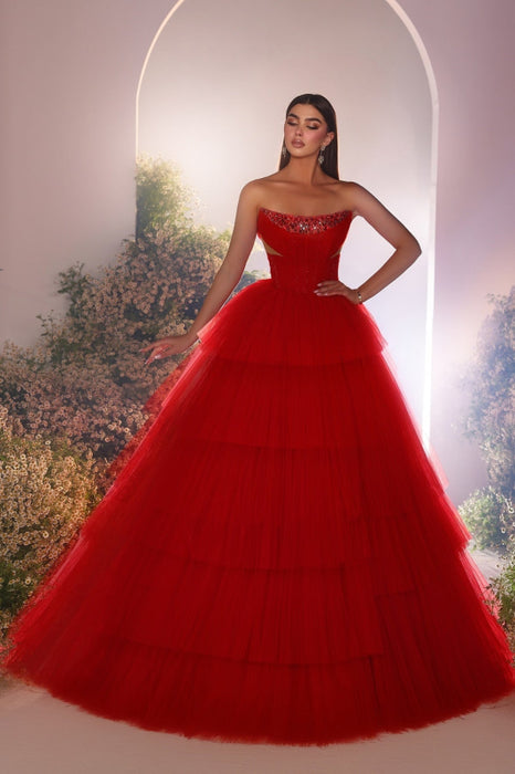 Red Strapless Tiered Bateau Neck A-line Beading Tulle Floor-Length Prom Dress