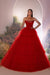Red Strapless Tiered Bateau Neck A-line Beading Tulle Floor-Length Prom Dress