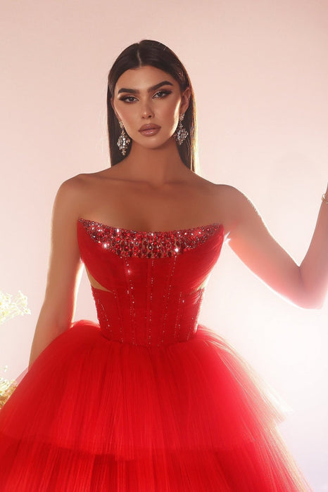 Red Strapless Tiered Bateau Neck A-line Beading Tulle Floor-Length Prom Dress