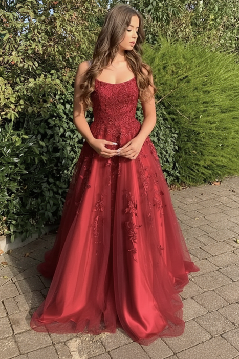 Red Stylish Lace Long Prom Dress with Spaghetti Straps