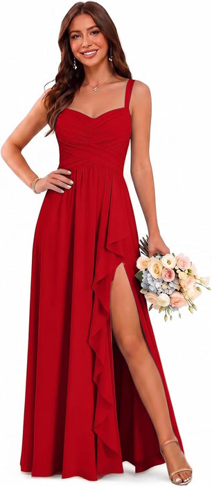 Women's Chiffon Bridesmaid Dresses Long Evening Formal Gown with Slit - Red