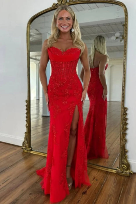 Red Sweetheart Lace Corset Mermaid Prom Dress Strapless with Split - Prom Dresses
