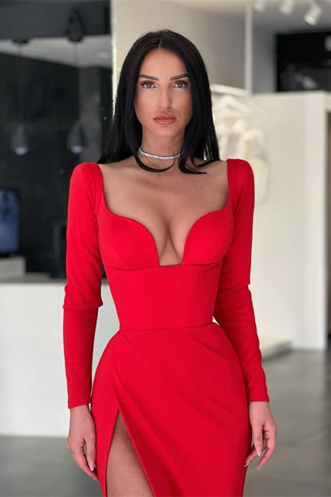 Red Sweetheart Long Sleeves Mermaid Prom Dress with Split