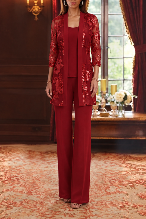 Red three-piece mother of the bride pantsuit